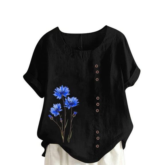 Perfectbot Women Blouses Short Sleeve Plus Size Linen Summer Loose Crew Neck Shirts ,S-5XL