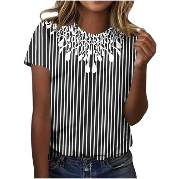 Perfectbot Women Blouses Vintage Crew Neck Summer Short Sleeve Floral Print Relaxed T-Shirts ,S-5XL