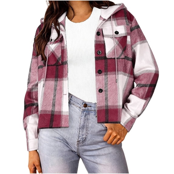 Perfectbot Women Cropped Plaid Hooded Shacket, Button Down Long Sleeve Hooded Jacket Fall Daily Wear