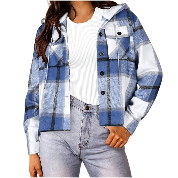 Perfectbot Women Cropped Plaid Hooded Shacket, Button Down Long Sleeve Hooded Jacket Fall Daily Wear