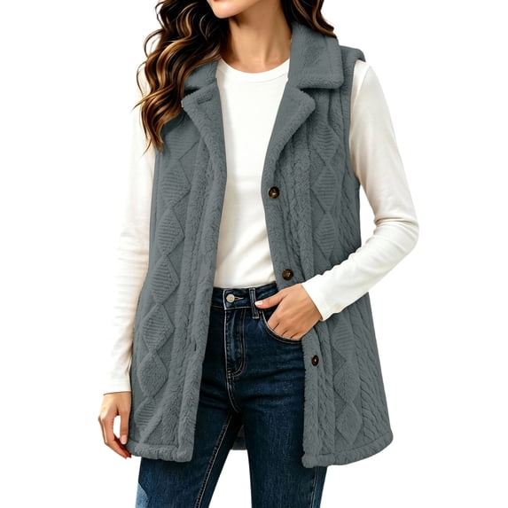 Perfectbot Women Fleece Sherpa Vest, Lapel Collar Button Down Fall Winter Thermal Waistcoat Layering Outerwear