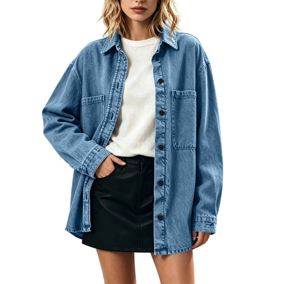 Perfectbot Women Oversized Long Sleeve Denim Shirt Jacket, Button Down Collared Loose Fit Mid-Length Jean Shacket