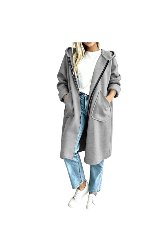 Women Relaxed Fit Hooded Jacket Zip Up Mid Length Large Patch Pockets Fall Outerwear
