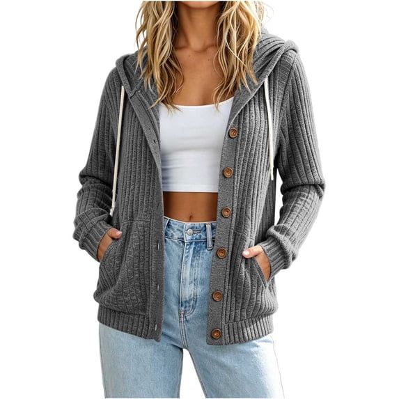 Perfectbot Women Ribbed Knit Hooded Cardigan Button Down Long Sleeve Casual Jacket Fall Outerwear