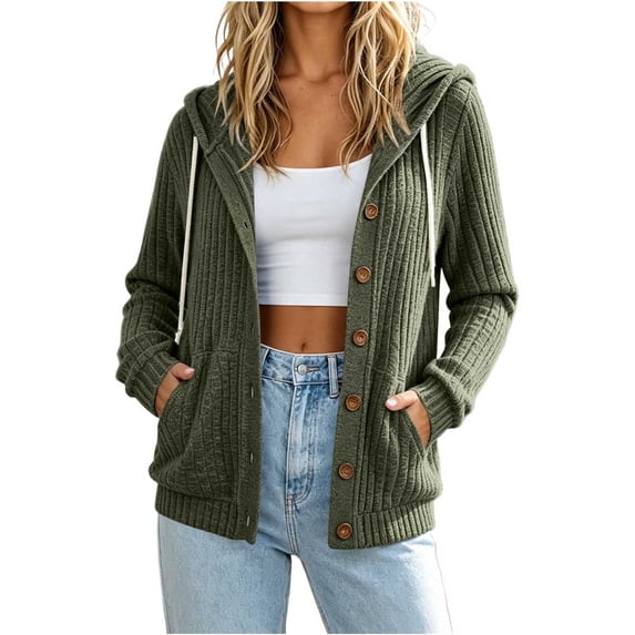 Perfectbot Women Ribbed Knit Hooded Cardigan Button Down Long Sleeve Casual Jacket Fall Outerwear