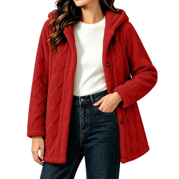 Perfectbot Women Sherpa Hooded Jacket, Long Sleeve Button Down Fleece Coat Fall Winter Warm Outerwear