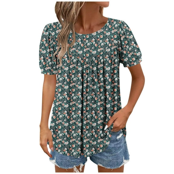 Perfectbot Women Shirts Crew Neck Pleated Summer Casual Print Relaxed Short Sleeve Blouses,S-2XL