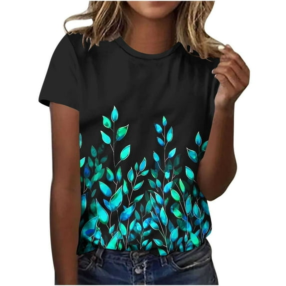 Perfectbot Women Shirts Loose Short Sleeve Crew Neck Floral Print Vintage Summer Tees Size S-5XL