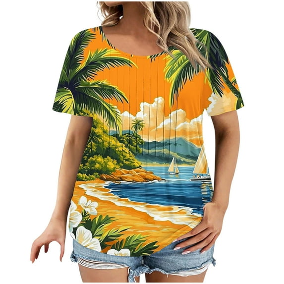 Perfectbot Women Shirts Summer Pleated Plus Size Loose Print Short Sleeve Casual Blouses ,S-5XL