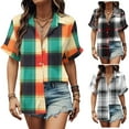 thumbnail image 1 of Perfectbot Women Short Sleeve Tops Casual Button Shirts Collar Plaid Print Summer Blouse, 1 of 6