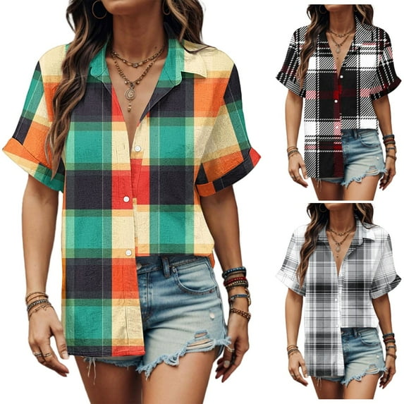Perfectbot Women Short Sleeve Tops Casual Button Shirts Collar Plaid Print Summer Blouse