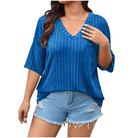 Perfectbot Women Plus Size Blouse Summer Casual T-Shirt Short Sleeve V Neck Top Woman Clothing