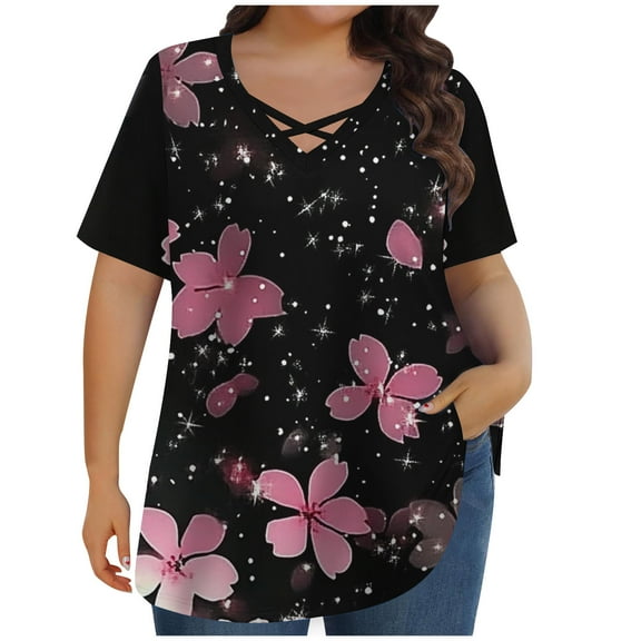 Perfectbot Women T-Shirts Print Short Sleeve Casual Plus Size Loose Summer V Neck Tees Tops ,XL-5XL