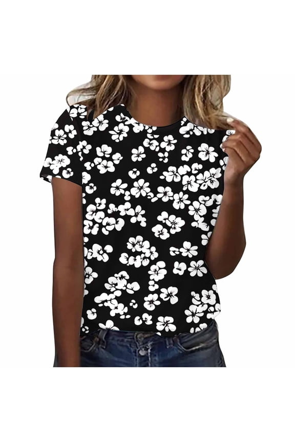 Women T-Shirts Relaxed Summer Print Crew Neck Short Sleeve Casual Tees Tops Size S-5XL