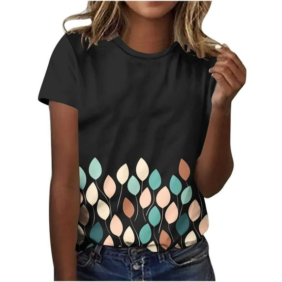 Perfectbot Women T-Shirts Short Sleeve Loose Summer Vintage Floral Print Crew Neck Tees Size S-5XL