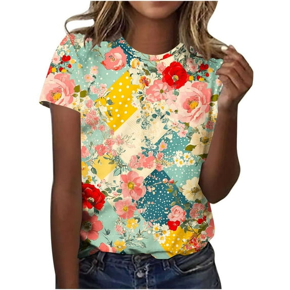 Perfectbot Women Tops Floral Print Vintage Crew Neck Loose Summer Short Sleeve Shirts Size S-5XL