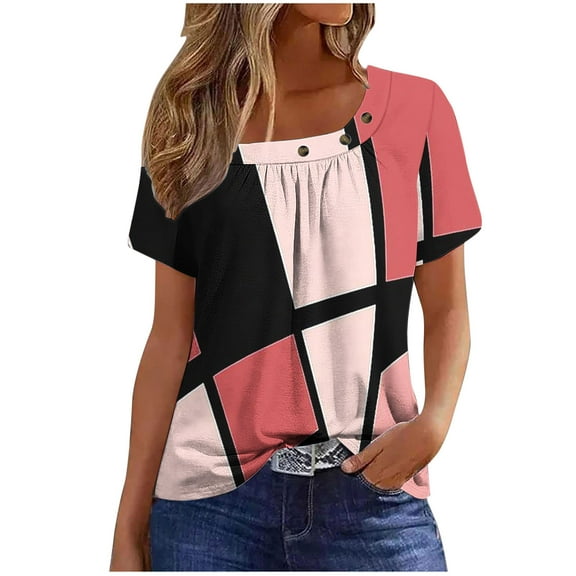 Perfectbot Women Tops Print Square Neck Pleated Summer Short Sleeve Casual Relaxed T-Shirts,S-3XL