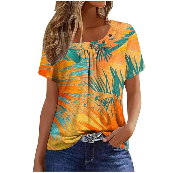 Perfectbot Women Tops Short Sleeve Print Pleated Casual Square Neck Relaxed Summer T-Shirts,S-3XL