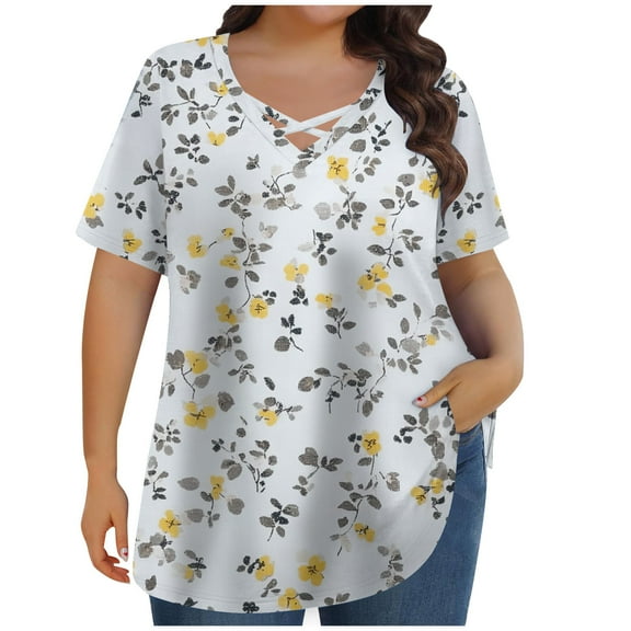 Perfectbot Women Tops Short Sleeve V Neck Print Summer Plus Size Loose Casual Shirts Size XL-5XL