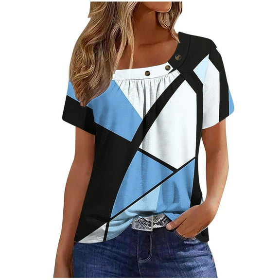 Perfectbot Women Tops Square Neck Print Casual Pleated Short Sleeve Relaxed Summer T-Shirts,S-3XL