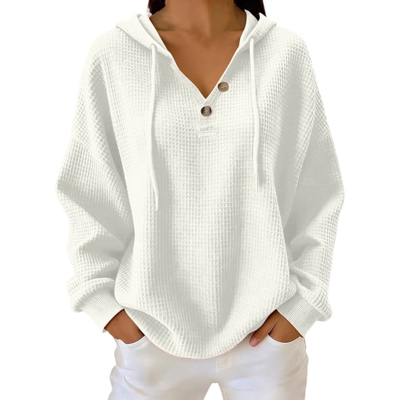 Perfectbot Women Waffle Knit Henley Hoodie, Long Sleeve Drawstring Pullover Fall Casual Sweatshirt