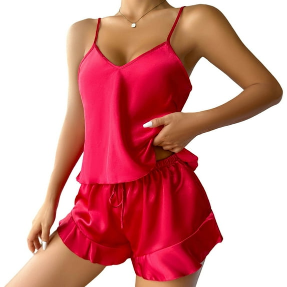 Perfectbot Women's 2-Piece Silky Satin Loungewear Set, V-Neck Spaghetti Strap Cami Top & Shorts Sleepwear