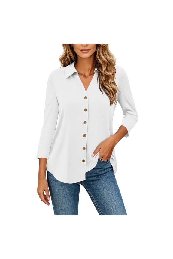 Women’s 3/4 Sleeve Button Down Shirt, Collared Casual Work Blouse for Office Everyday Wear