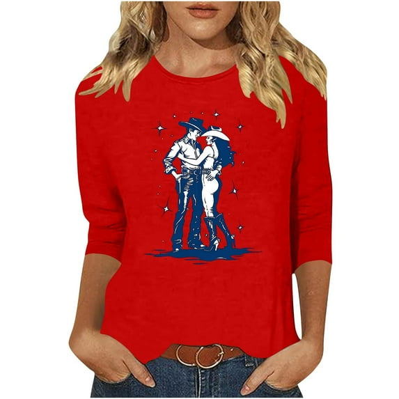Perfectbot Women's 3/4 Sleeve Casual Tops - Crewneck Cowgirl Graphic Tees Retro Western Designs