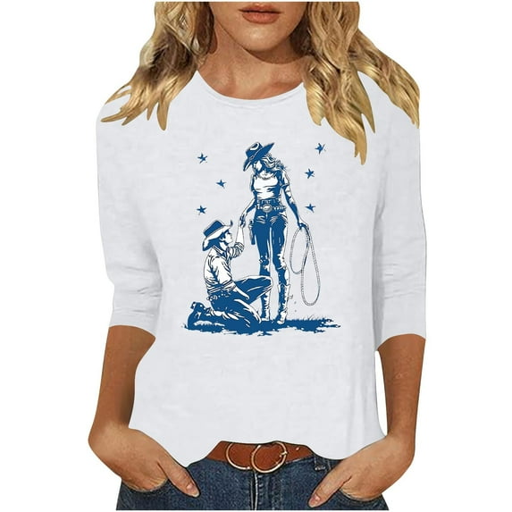 Perfectbot Women's 3/4 Sleeve Casual Tops - Crewneck Cowgirl Graphic Tees Retro Western Designs