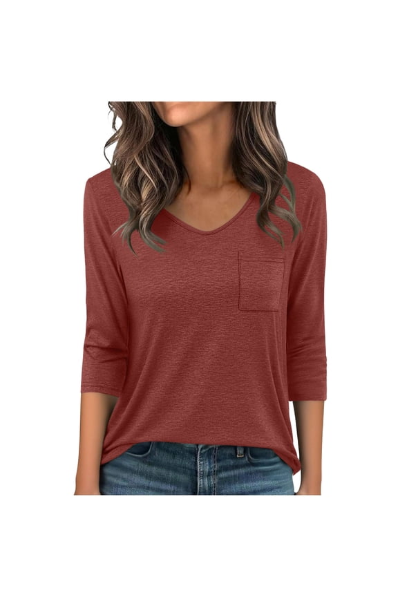 Women's 3/4 Sleeve T-Shirt, V-Neck Casual Solid Color Summer Spring Pocket Tee, S-XXL