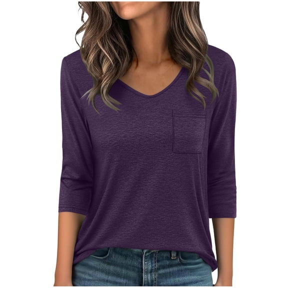 Perfectbot Women's 3/4 Sleeve T-Shirt, V-Neck Casual Solid Color Summer Spring Pocket Tee, S-XXL