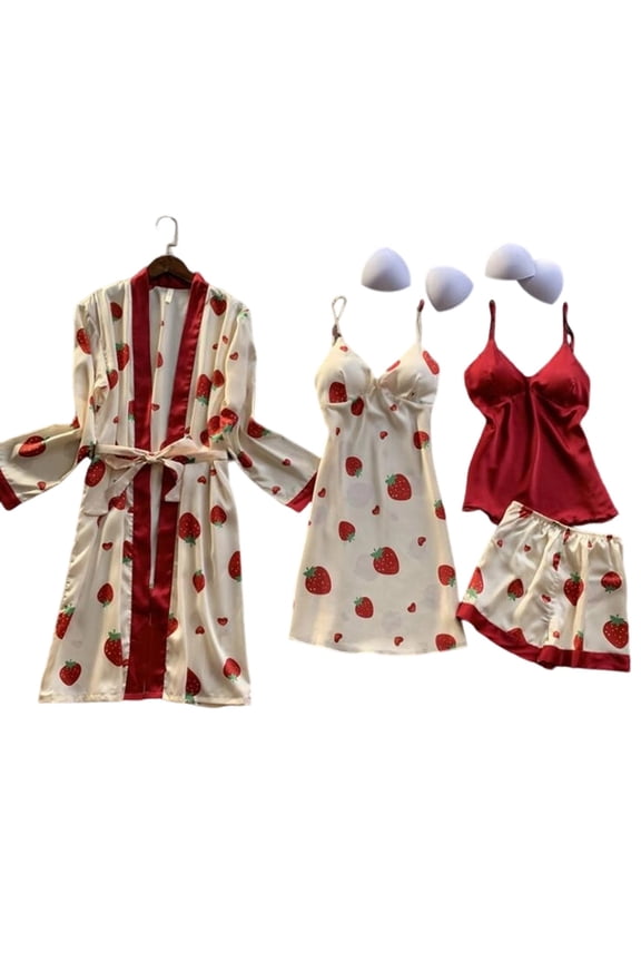Women's 5-Piece Satin Pajama Set - Camis, Tank Tops, Shorts & Bathrobe, Built-in Bra Loungewear