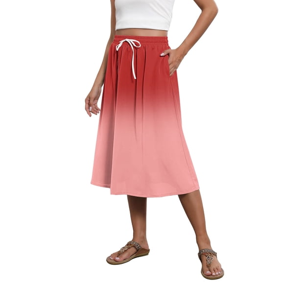 Perfectbot Women's A-Line Midi Skirt with Pockets - Gradient Print, Elastic Waist, Trendy Swing Skirt for Summer