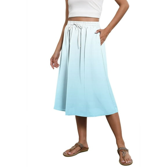 Perfectbot Women's A-Line Midi Skirt with Pockets - Gradient Print, Elastic Waist, Trendy Swing Skirt for Summer