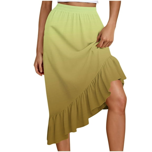Perfectbot Women's A-Line Ruffle Midi Skirt Gradient Asymmetrical Flowy Swing Beach Party Club Skirt