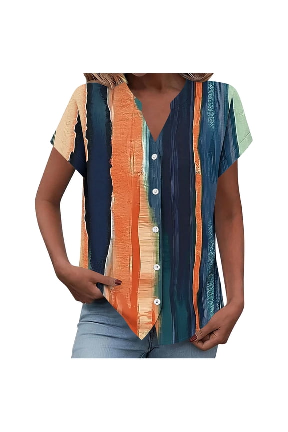 Women's Abstract Stripe Button Down Shirt Casual Trendy Short Sleeve Daily Going Out Blouse