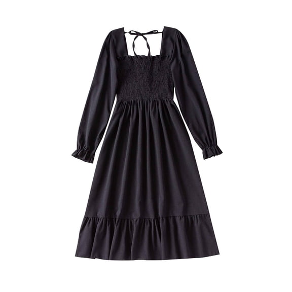 Perfectbot Women's Babydoll Midi Dress, Square Neck Puff Sleeve Shirt Dress with Smocked Waist