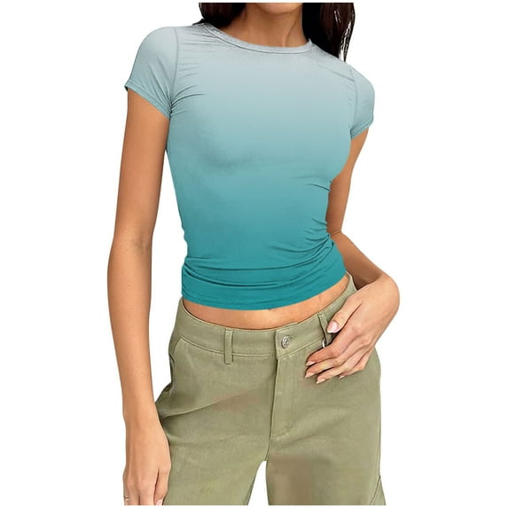 Perfectbot Women's Basic Slim Fit Crop Tops Fashion Ombre Short Sleeve Crew Neck Going Out Tight Tees