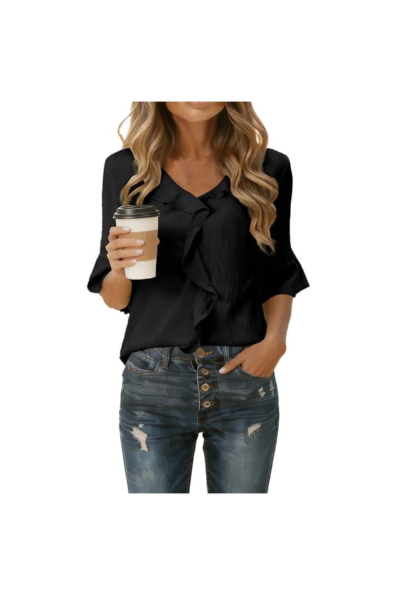 Women's Bell 3/4 Sleeve V Neck Blouses Ruffle Dressy Casual Trendy Business Office Work Tops