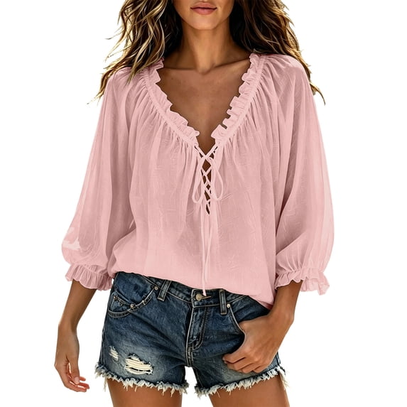Perfectbot Women's Boho Ruffle Trim Blouse V Neck Tie Front 3/4 Sleeve Loose Casual Peasant Top