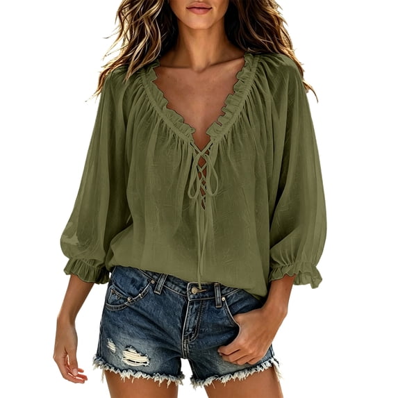 Perfectbot Women's Boho Ruffle Trim Blouse V Neck Tie Front 3/4 Sleeve Loose Casual Peasant Top