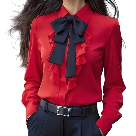 Perfectbot Women's Bow Tie Neck Blouse - Long Sleeve Button Down Ruffle Trim Dressy Business Top