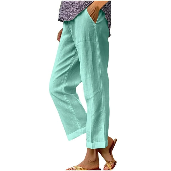 Perfectbot Women's Breathable Pants Spring Summer Linen Solid Elastic Waist Loose Ankle Length Trousers