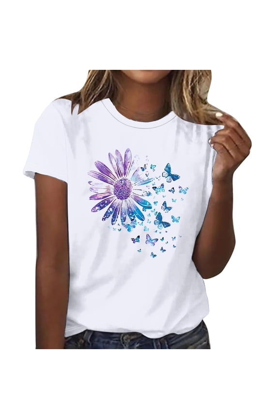 Women's Butterfly & Flower Print Shirt - Basic Crew Neck Tee, Casual Short Sleeve Going Out Top