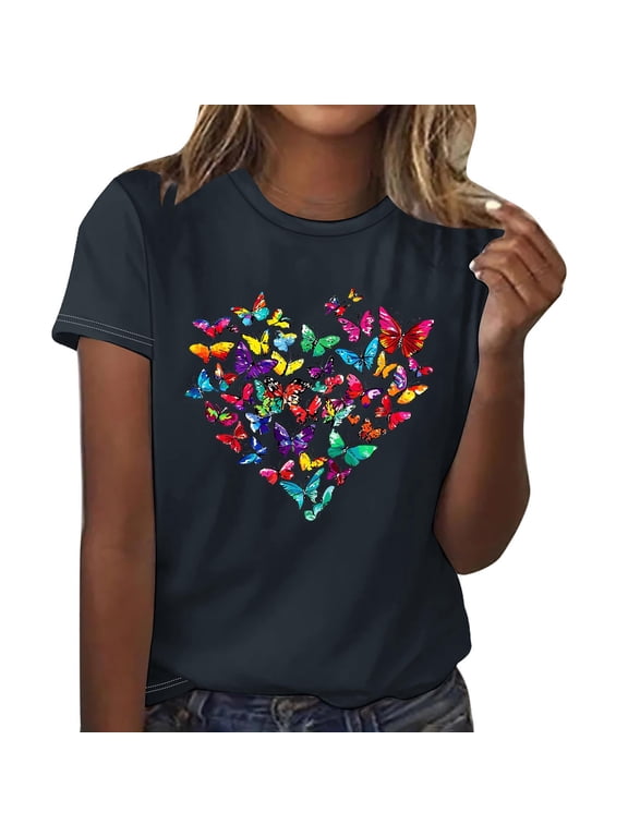 Women's Butterfly Print Shirt - Basic Crew Neck Tee, Casual Short Sleeve Going Out Top