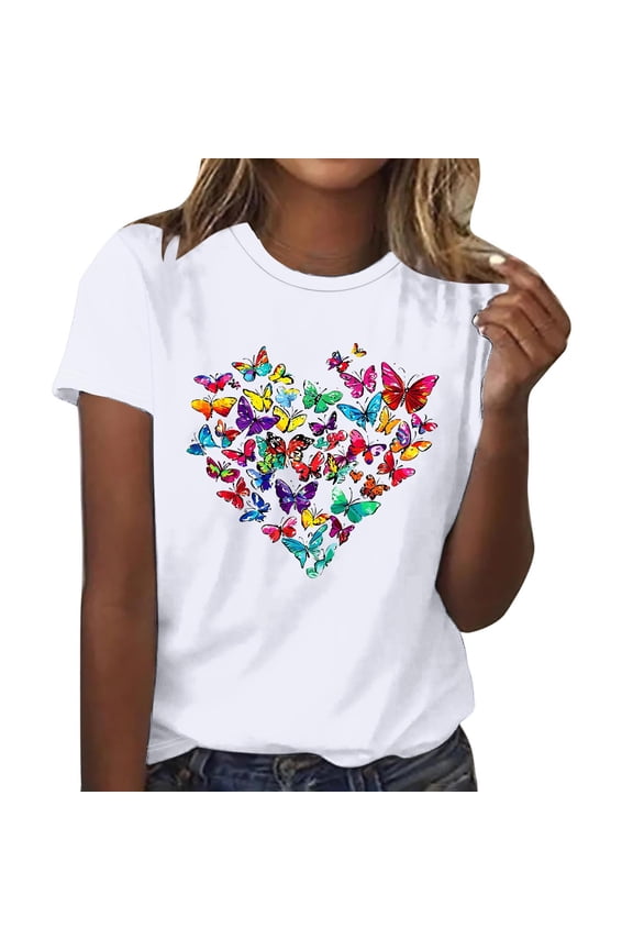Women's Butterfly Print Shirt - Basic Crew Neck Tee, Casual Short Sleeve Going Out Top