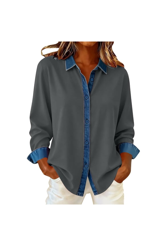 Women's Button-Down Jean Blouse Color Block Collared Long Sleeve Casual Top
