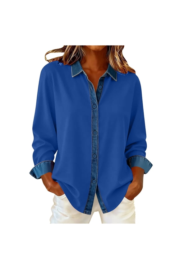 Women's Button-Down Jean Blouse Color Block Collared Long Sleeve Casual Top
