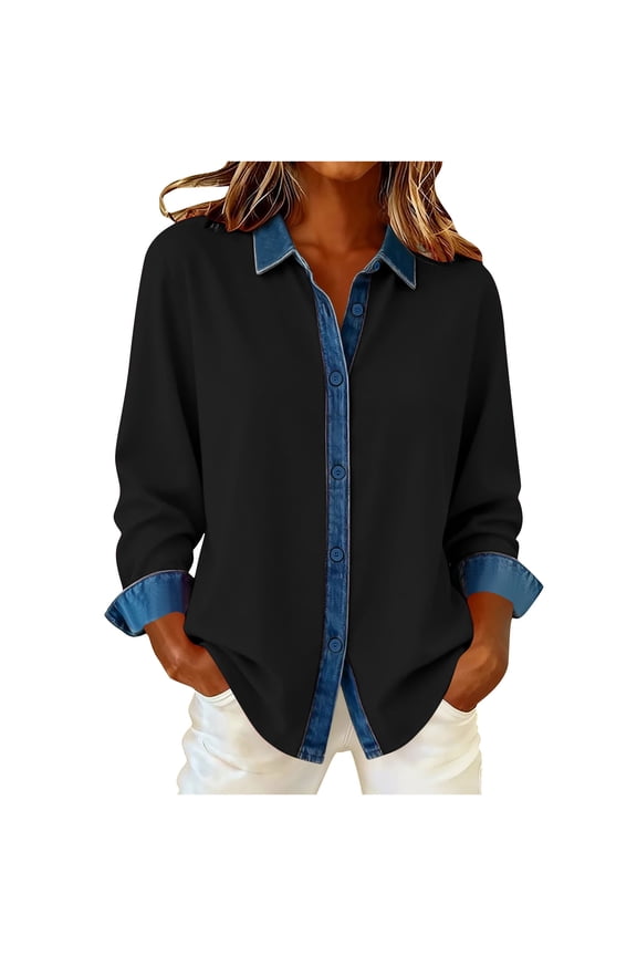 Women's Button-Down Jean Blouse Color Block Collared Long Sleeve Casual Top