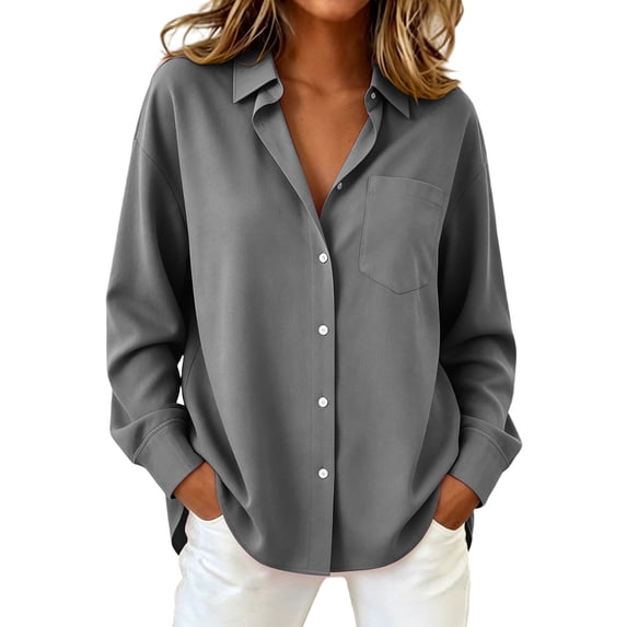 Perfectbot Women's Button Down Long Sleeve Blouse Curved Hem Collared Chest Pocket Shirt Office Casual Wear